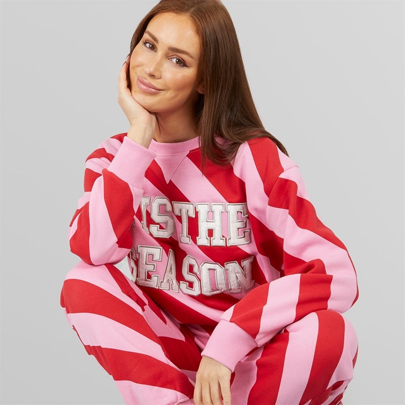 Womens Candy Cane Christmas Lounge Set Pink - Image 1