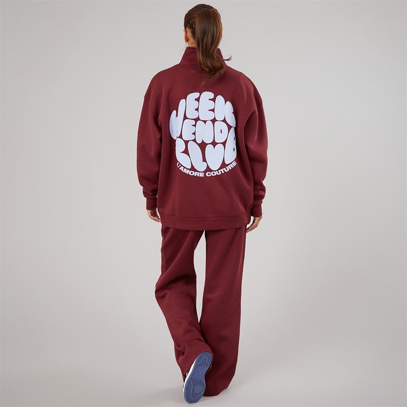 Womens Lumi Quarter Zip Sweatshirt And Wide Leg Joggers Tracksuit Burgundy - Image 2