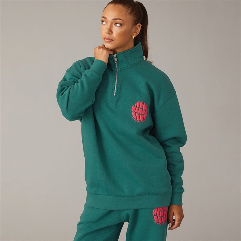 Womens Lumi Quarter Zip Sweatshirt And Wide Leg Joggers Tracksuit Dark Green - Image 3