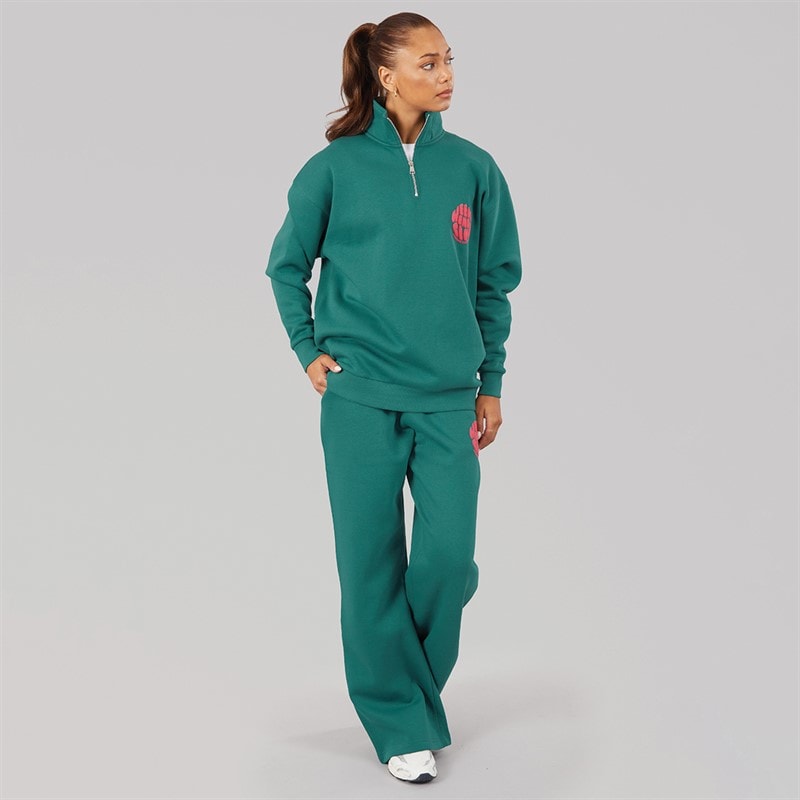 Womens Lumi Quarter Zip Sweatshirt And Wide Leg Joggers Tracksuit Dark Green - Image 4