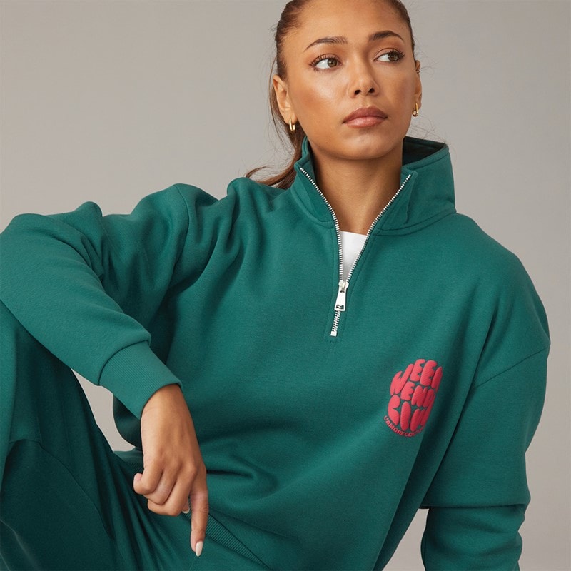 Womens Lumi Quarter Zip Sweatshirt And Wide Leg Joggers Tracksuit Dark Green - Image 5