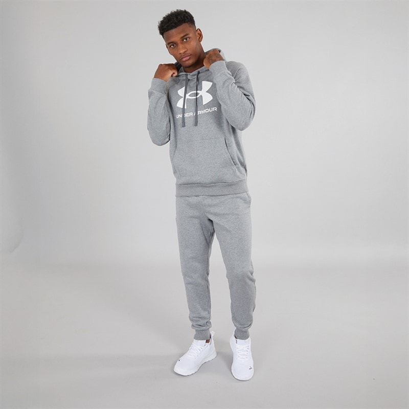 Mens UA Rival Fleece Logo Hoodie Castlerock Light Hearther/White - Image 3