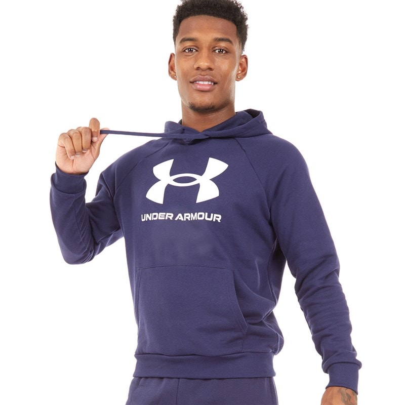 Mens UA Rival Fleece Logo Hoodie Midnight Navy/White - Image 3