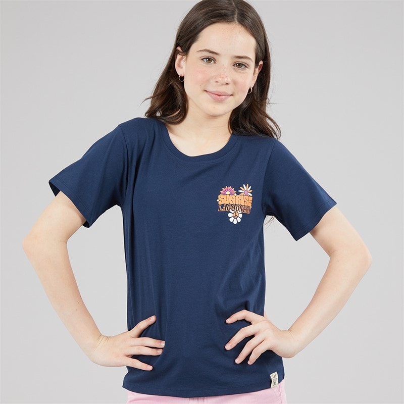 Girls Flower T-Shirt Navy - Image 2
