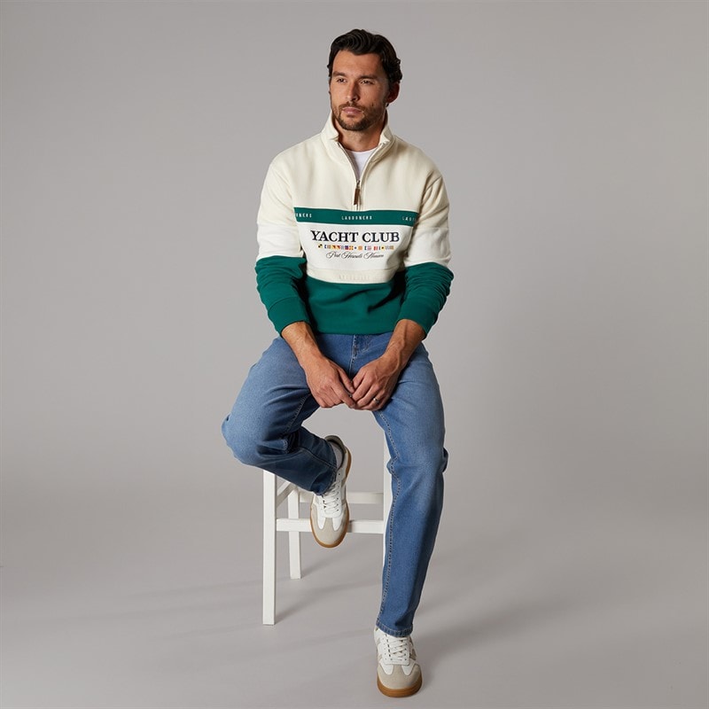 Mens Exmouth Funnel Neck Sweat Ecru/Green - Image 4