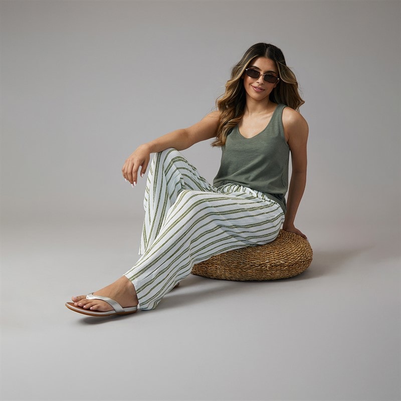 Wednesday's Girl Womens Striped Jersey Wide Leg Trousers Off White/Green - Image 4