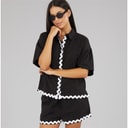 Wednesday's Girl Womens Short Sleeve Shirt And Shorts Linen Mix Set Black