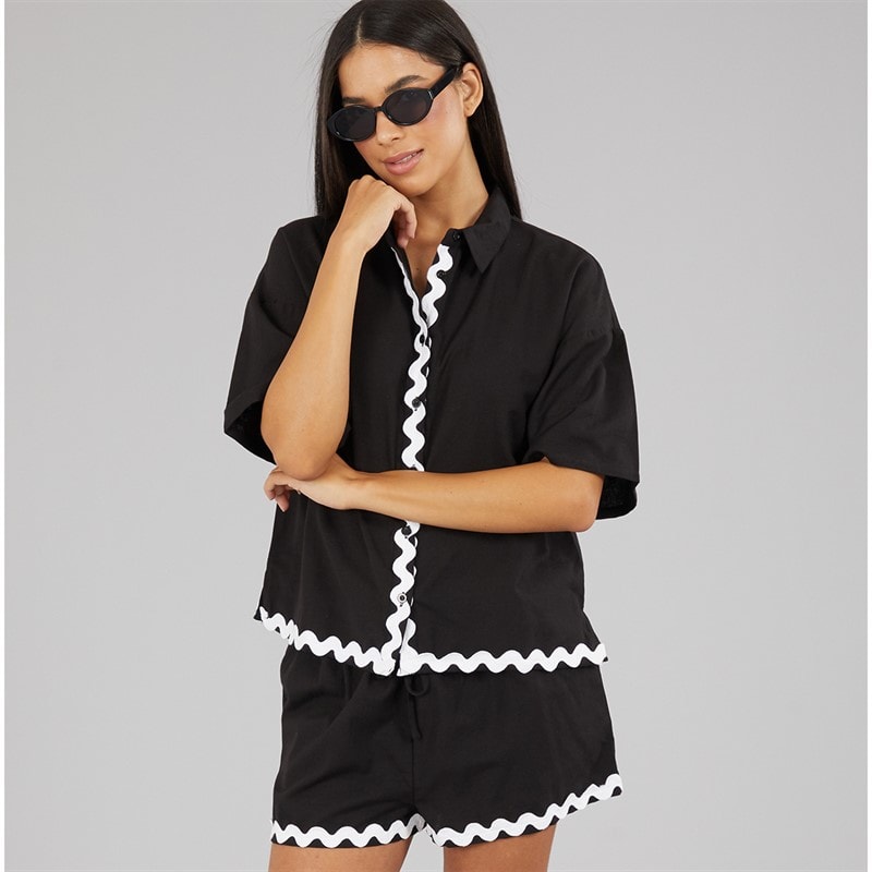 Wednesday's Girl Womens Short Sleeve Shirt And Shorts Linen Mix Set Black