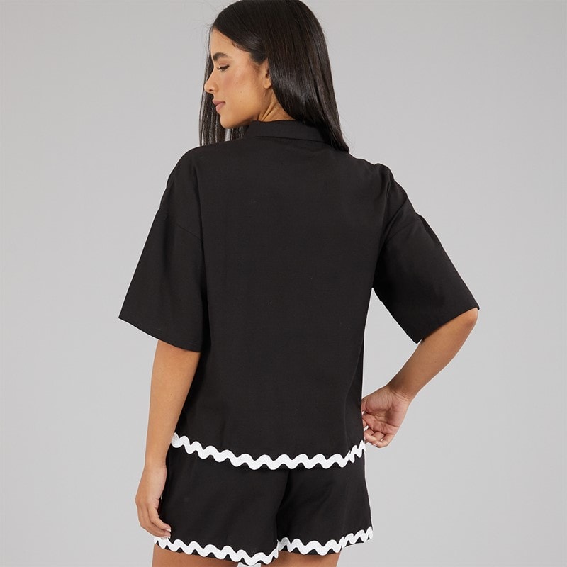 Wednesday's Girl Womens Short Sleeve Shirt And Shorts Linen Mix Set Black - Image 2