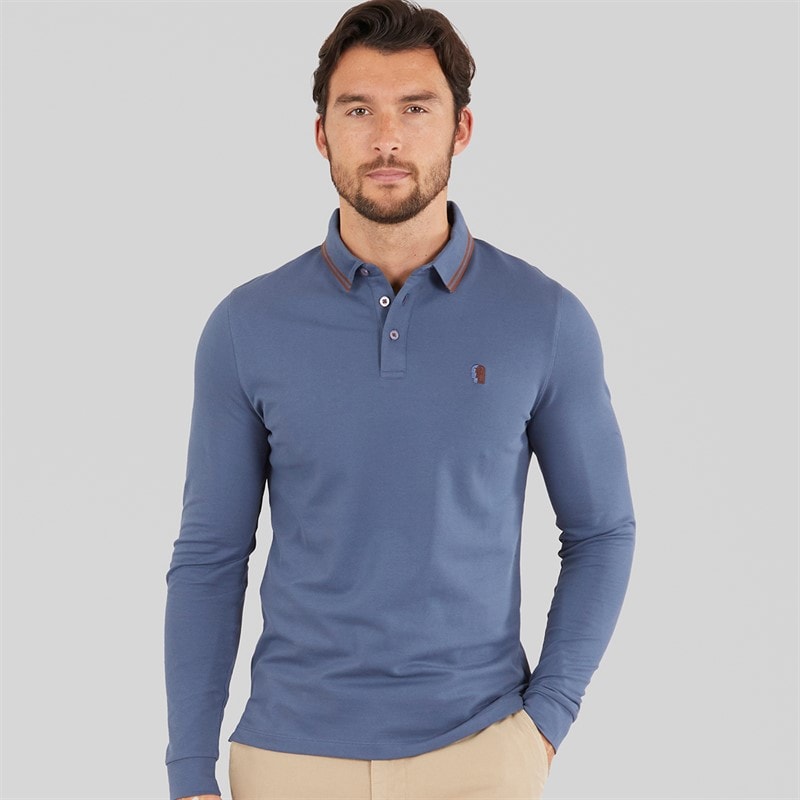 Remus Uomo Mens Tipped Collar Long Sleeve Polo Shirt Air Force Blue - Image 1