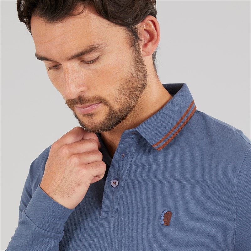 Remus Uomo Mens Tipped Collar Long Sleeve Polo Shirt Air Force Blue - Image 3