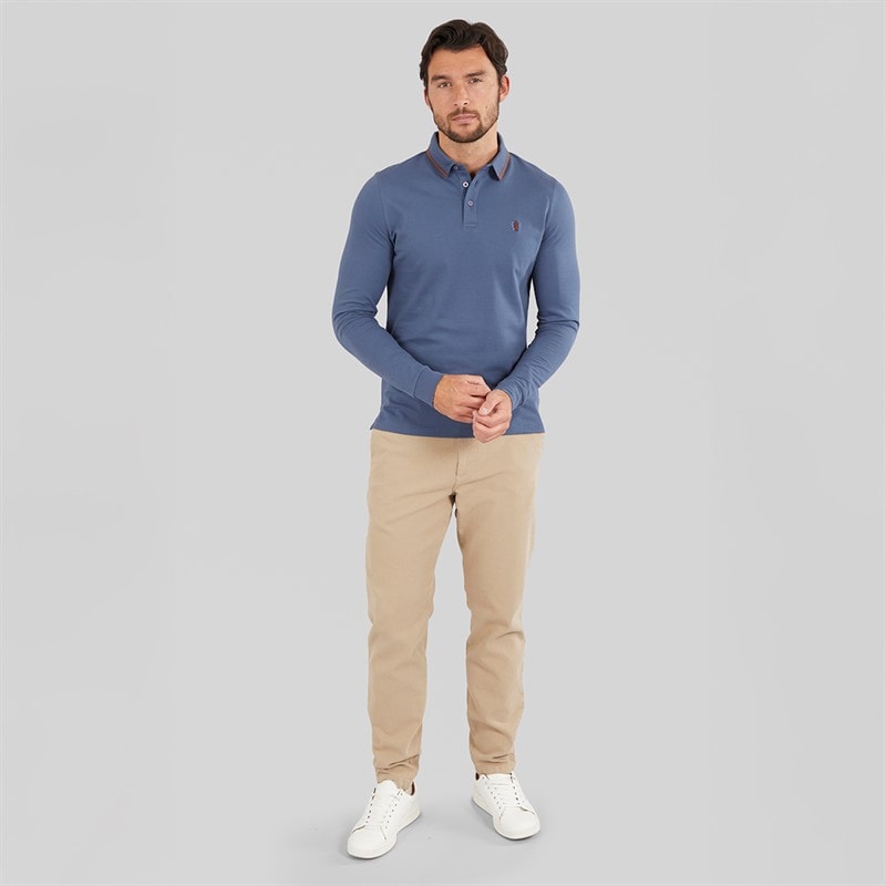 Remus Uomo Mens Tipped Collar Long Sleeve Polo Shirt Air Force Blue - Image 4