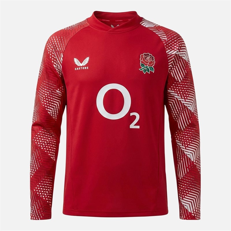Castore Junior RFU England Rugby Pre Match Long Sleeve Drill Top Jester Red/Brilliant White