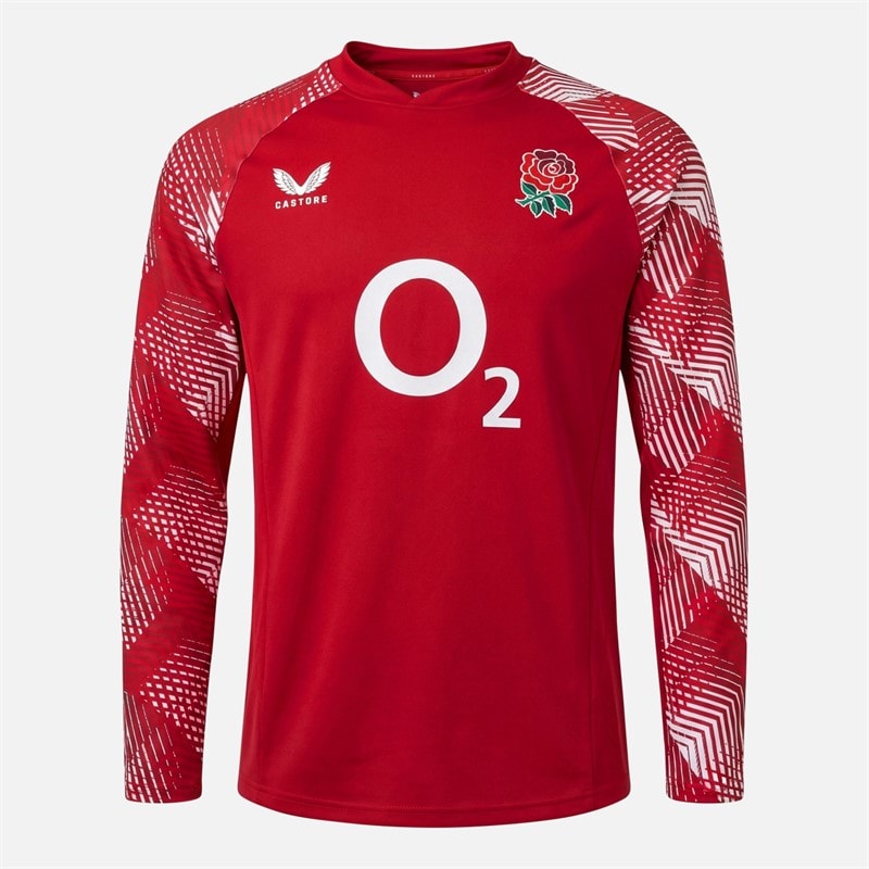 Castore Mens RFU England Rugby Pre Match Long Sleeve Drill Top Jester Red/Brilliant White