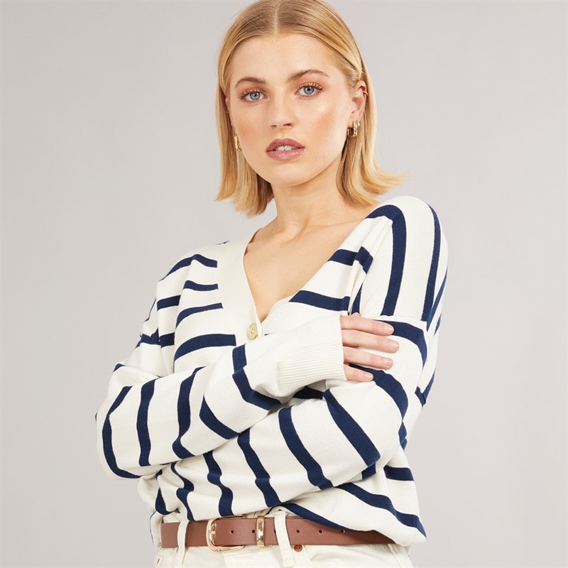 Foxdale Womens Pendle Stripe Knitted Cardigan Ecru/Navy - Image 1