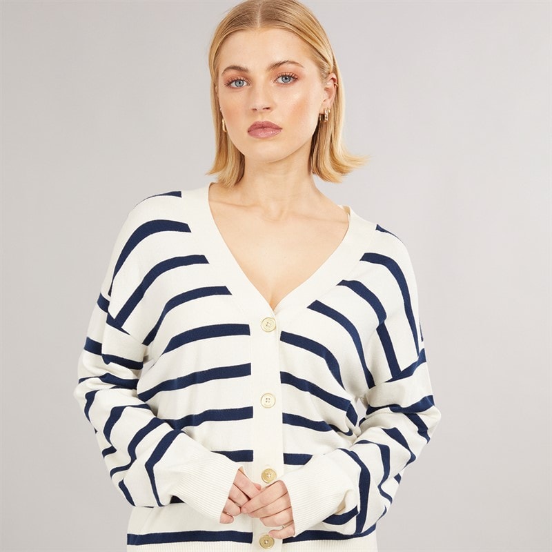 Foxdale Womens Pendle Stripe Knitted Cardigan Ecru/Navy - Image 3