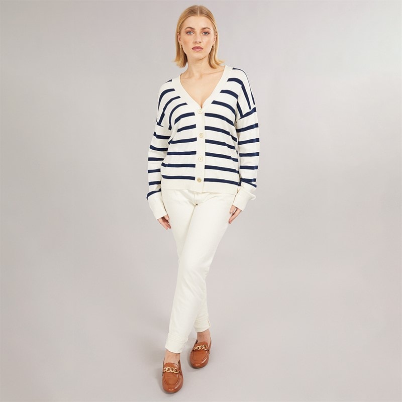 Foxdale Womens Pendle Stripe Knitted Cardigan Ecru/Navy - Image 4