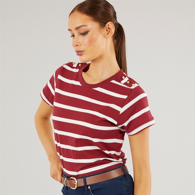 Foxdale Womens Beverley Stripe T-Shirt Burgandy/White - Image 1
