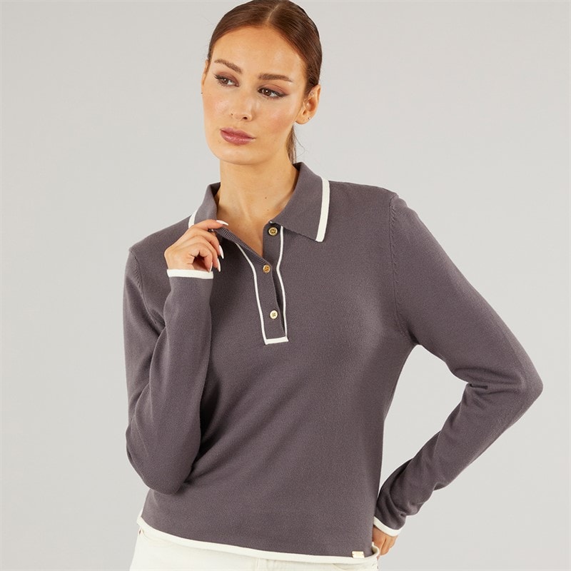 Foxdale Womens Knitted Long Sleeve Polo Shirt Charcoal/Navy - Image 1