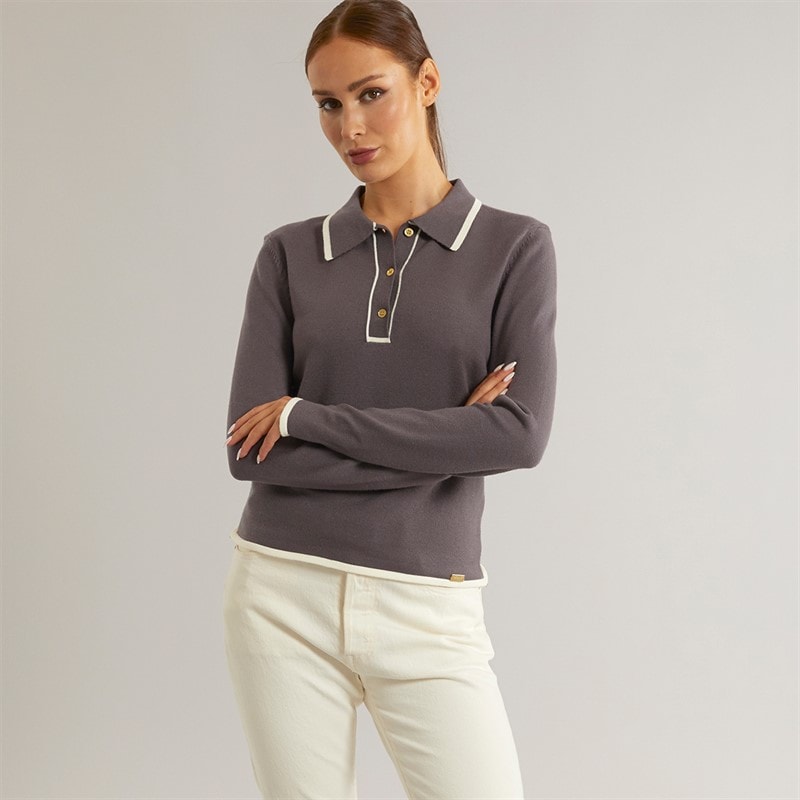 Foxdale Womens Knitted Long Sleeve Polo Shirt Charcoal/Navy - Image 3