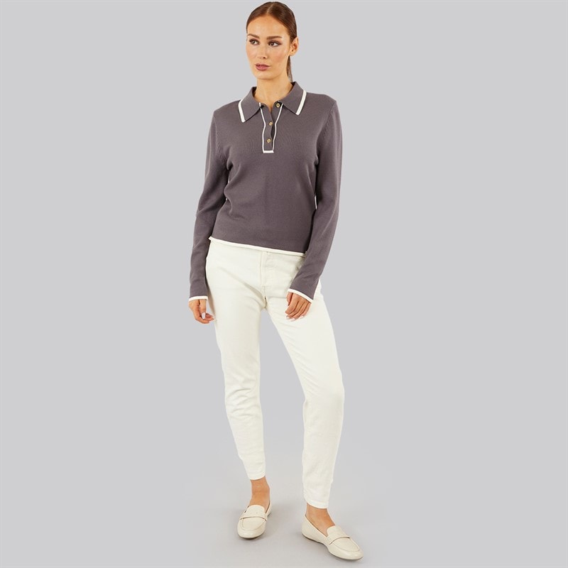 Foxdale Womens Knitted Long Sleeve Polo Shirt Charcoal/Navy - Image 4
