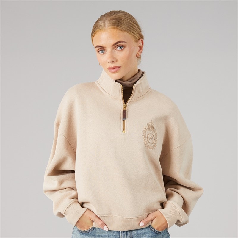 Foxdale Womens Avelston Crest 1/4 Zip Sweatshirt Light Taupe - Image 3