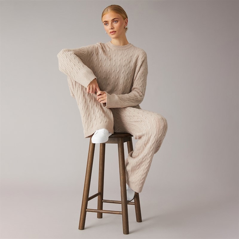 Foxdale Womens Millgate Cable Knit Jumper and Joggers Set Stone - Image 4