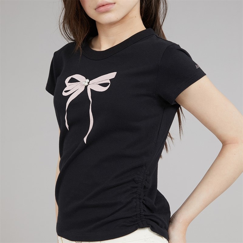 Abercrombie & Fitch Girls Pearl Bow Ruched T-Shirt Anf Anthracite - Image 3