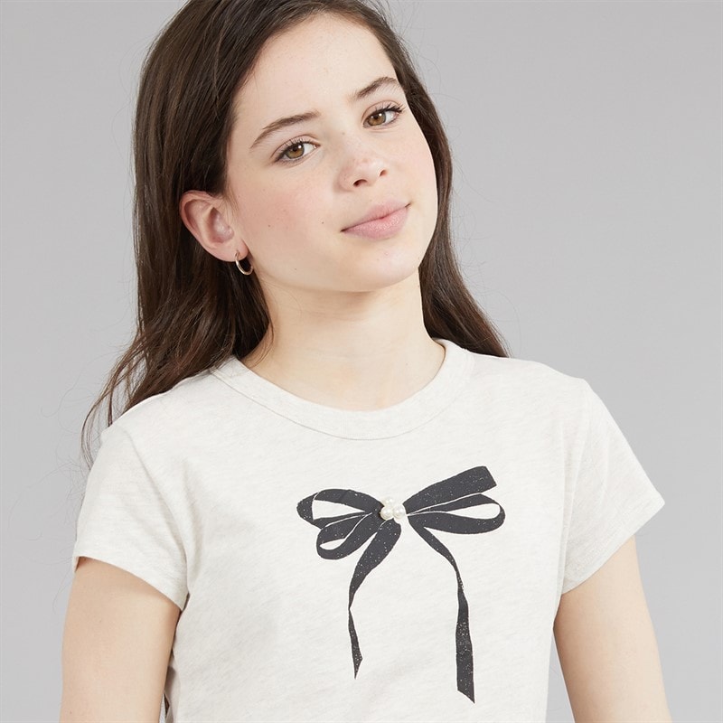 Abercrombie & Fitch Girls Pearl Bow Ruched T-Shirt Anf Oatmeal Heather - Image 3