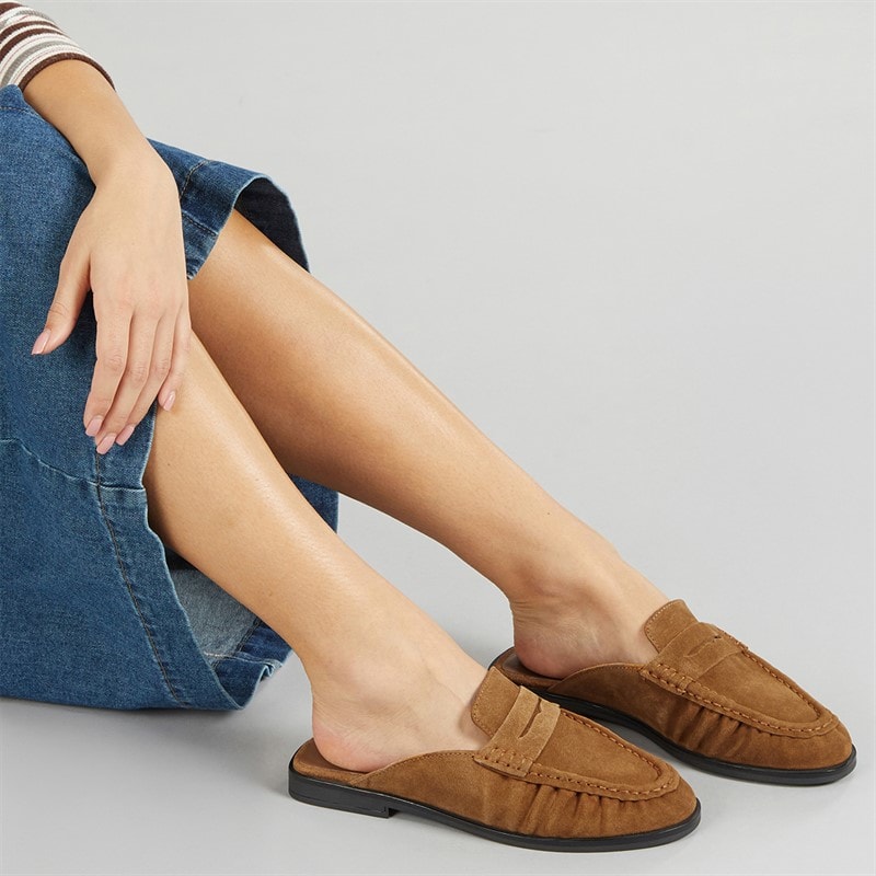 KRUSH Womens Leather Loafer Mules Tan