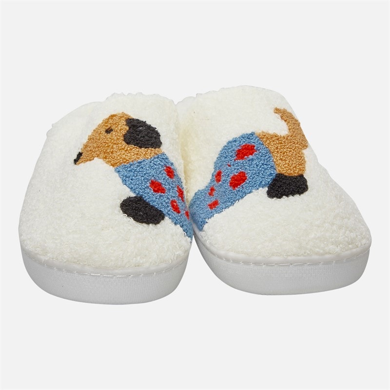 KRUSH Womens Sausage Dog Mule Slippers White/Blue/Brown - Image 4