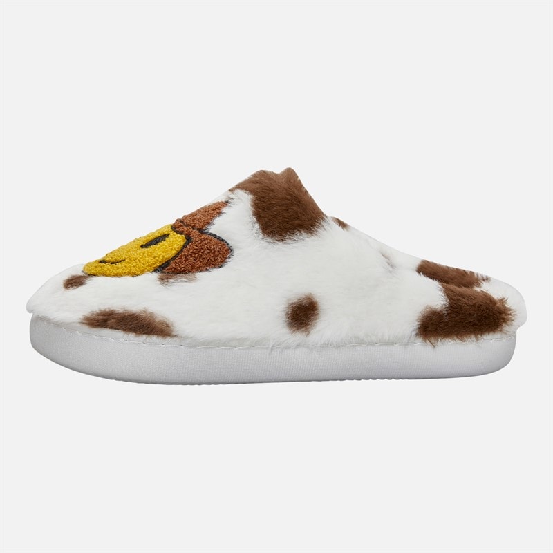 KRUSH Womens Happy Face Cow Print Mule Slippers White/Cow Print - Image 2