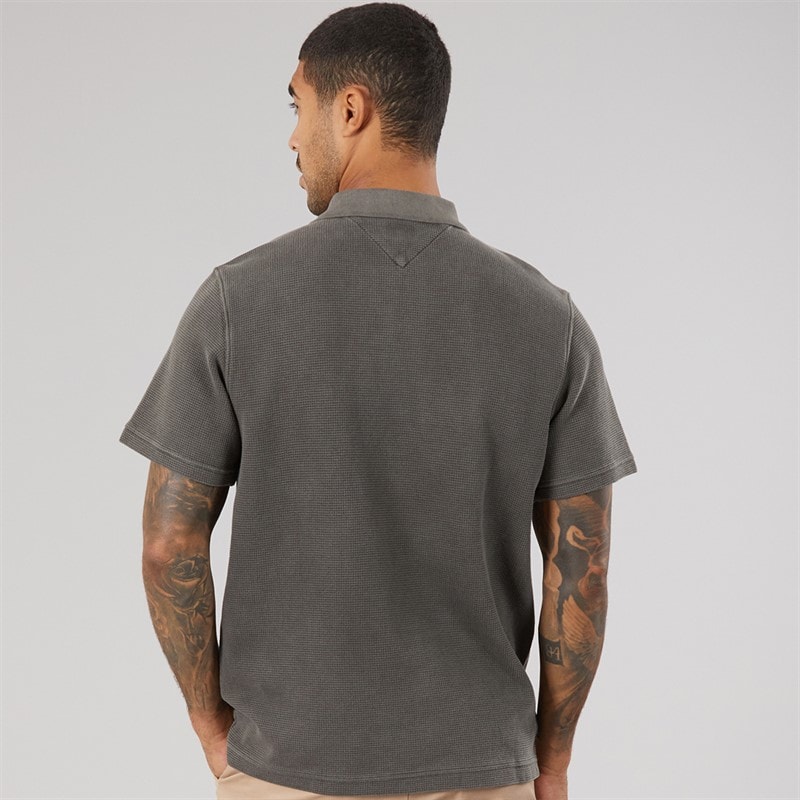 Tommy Jeans Mens Washed Waffle Polo Shirt Black - Image 2