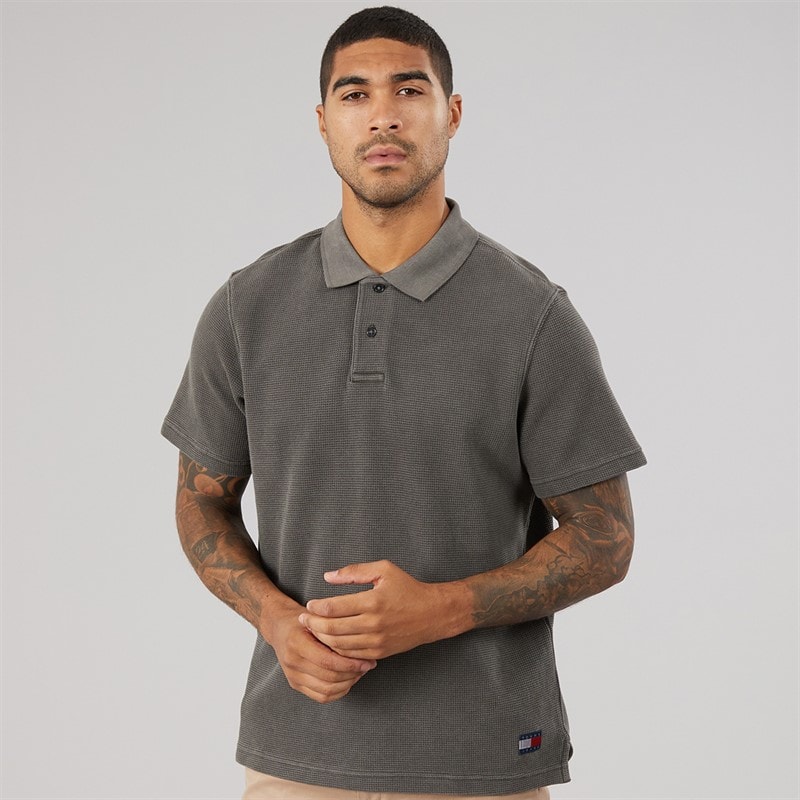 Tommy Jeans Mens Washed Waffle Polo Shirt Black - Image 3