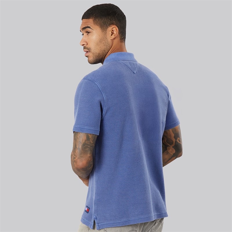 Tommy Jeans Mens Washed Waffle Polo Shirt Blue Storm - Image 2