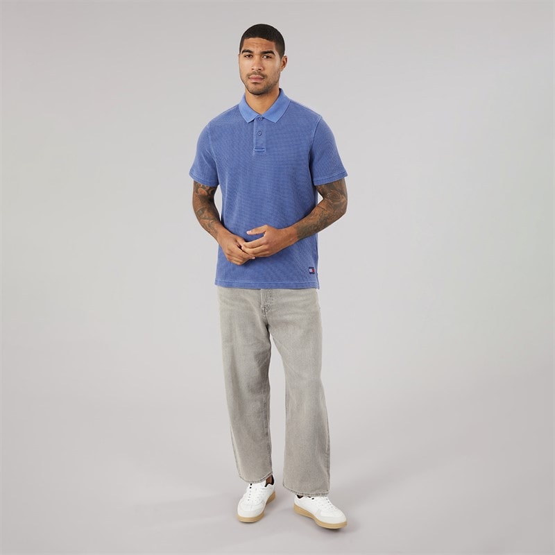 Tommy Jeans Mens Washed Waffle Polo Shirt Blue Storm - Image 4