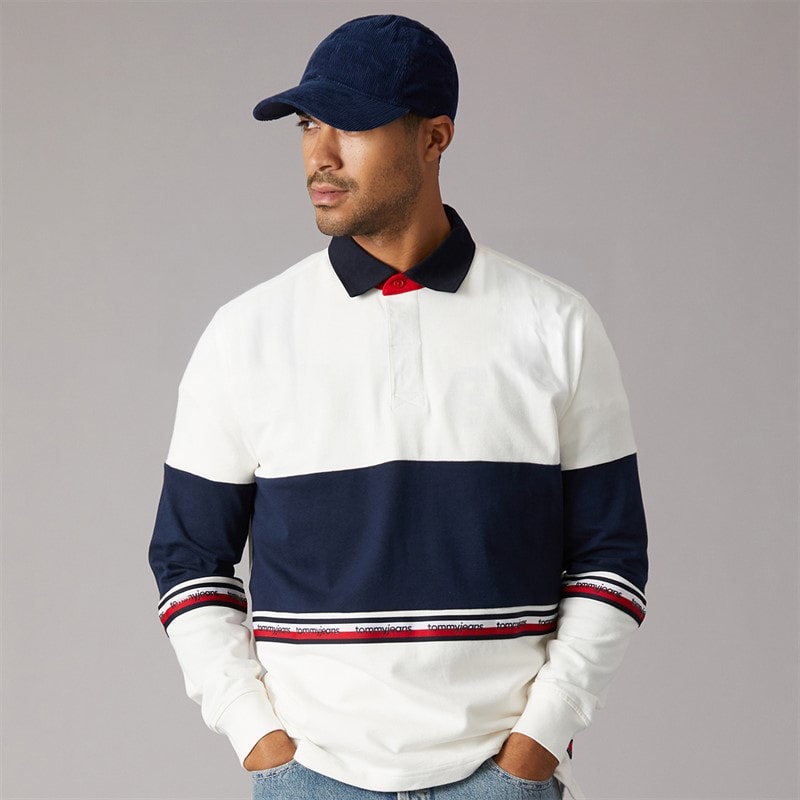 Tommy Jeans Mens Relaxed Colour Block Rugby Shirt Ancient White