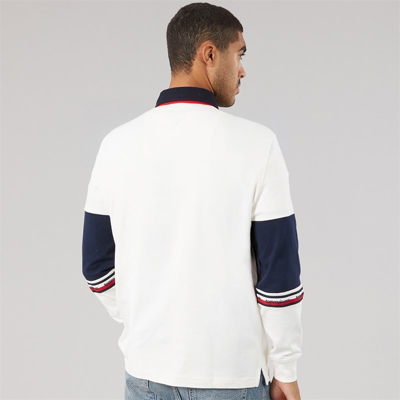 Tommy Jeans Mens Relaxed Colour Block Rugby Shirt Ancient White - Image 2