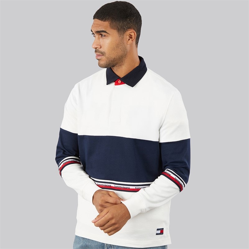 Tommy Jeans Mens Relaxed Colour Block Rugby Shirt Ancient White - Image 3