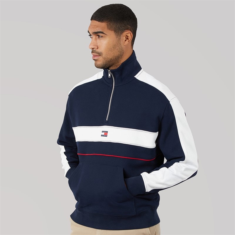 Tommy Jeans Mens Relaxed Colour Block 1/4 Zip Sweatshirt Dark Night Navy - Image 3