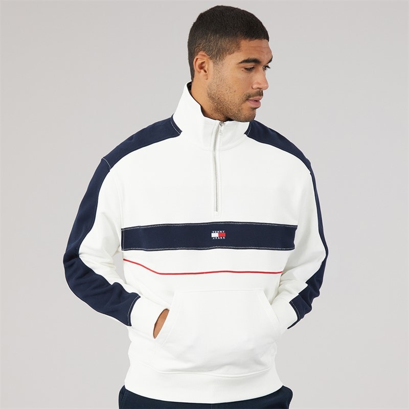Tommy Jeans Mens Relaxed Colourblock 1/4 Zip Sweatshirt Ecru - Image 3