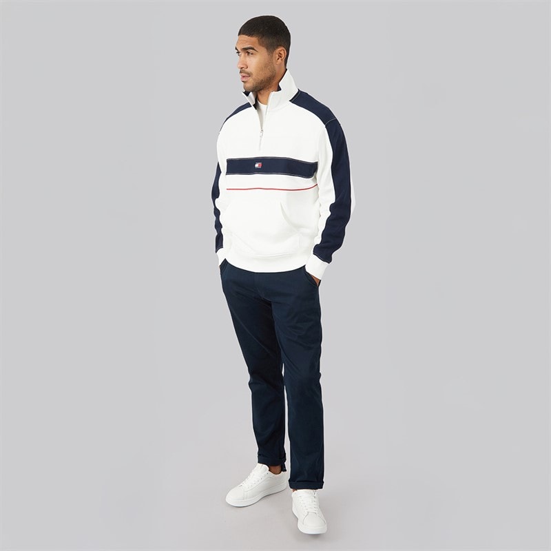 Tommy Jeans Mens Relaxed Colourblock 1/4 Zip Sweatshirt Ecru - Image 4
