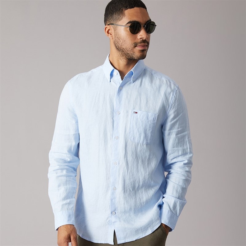 Tommy Jeans Mens Linen Long Sleeve Shirt Sweet Blue