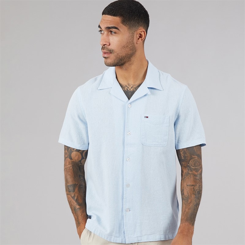 Tommy Jeans Mens Linen Short Sleeve Shirt Sweet Blue - Image 1