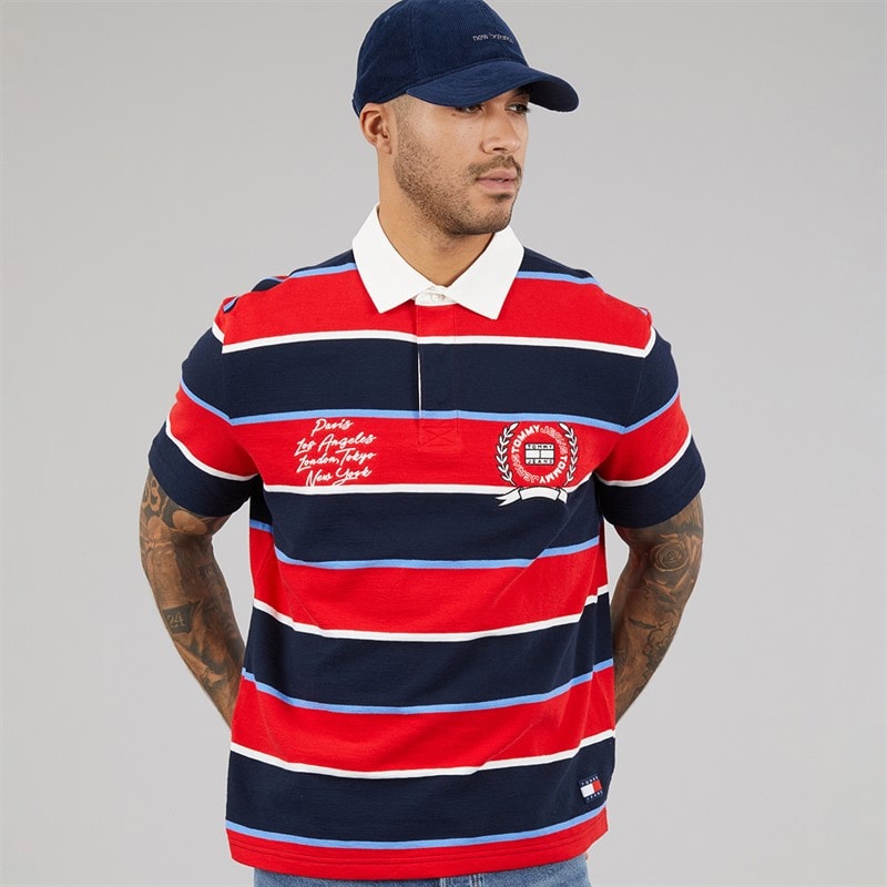 Tommy Jeans Mens Stripe Rugby Shirt Rapid Red Stripe