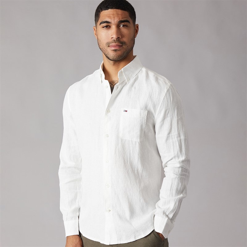 Tommy Jeans Mens Linen Long Sleeve Shirt Ecru