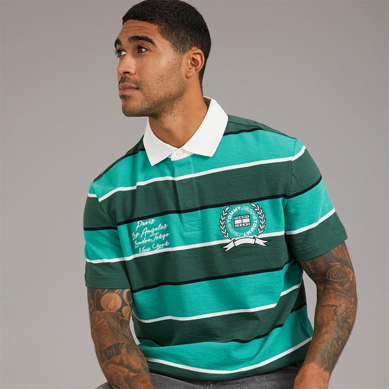 Tommy Jeans Mens Stripe Rugby Shirt Shadow Pine Stripe