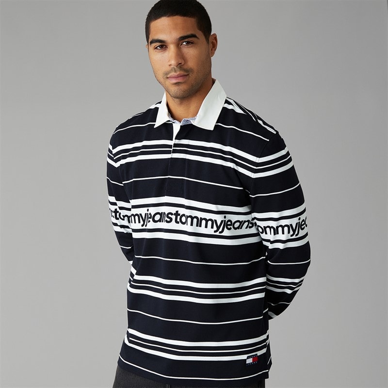 Tommy Jeans Mens Relaxed Branded Stripe Rugby Shirt Dark Night Navy