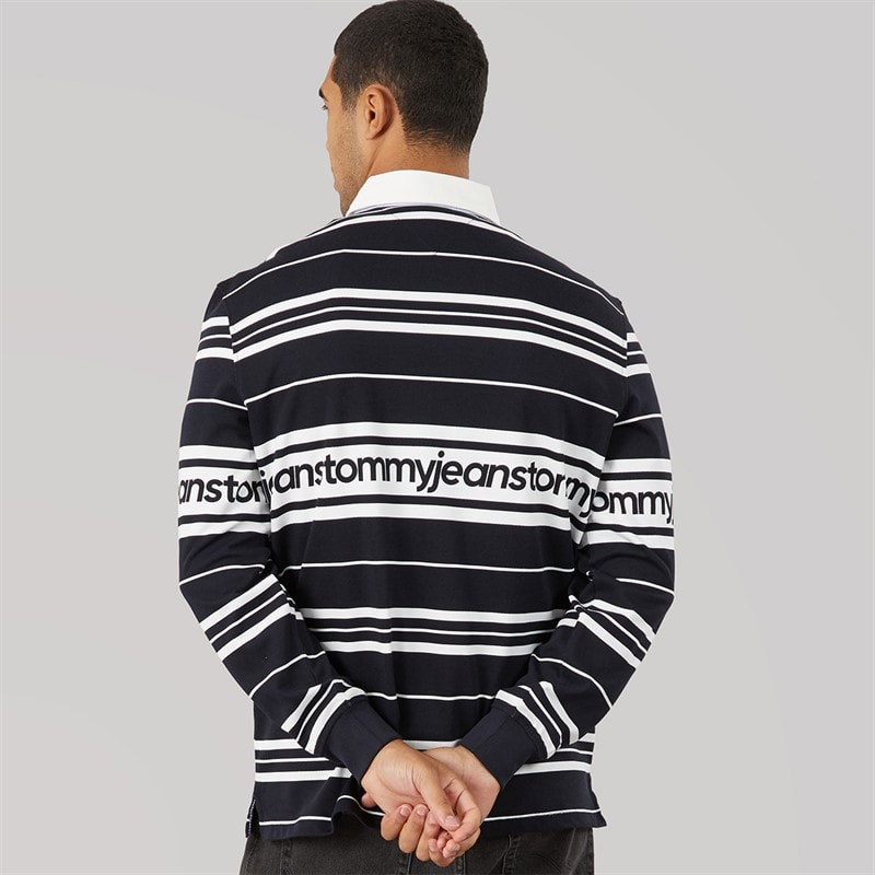 Tommy Jeans Mens Relaxed Branded Stripe Rugby Shirt Dark Night Navy - Image 2
