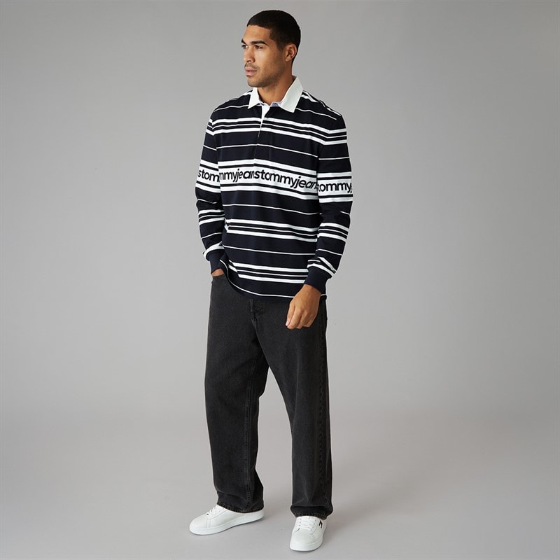 Tommy Jeans Mens Relaxed Branded Stripe Rugby Shirt Dark Night Navy - Image 3